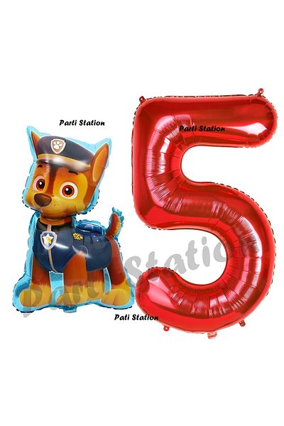 Parti Station Paw Patrol Balloon and Red Figure Chase Police Dog 5 Year Old Birthday Set