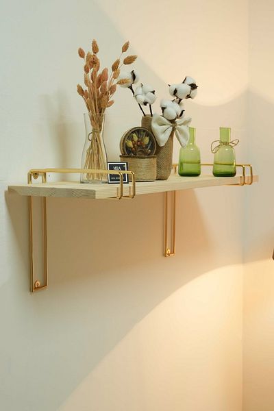 mba decor metal bending art Gold Footed Solid Natural Wood Gold Plated Wall Shelf Bookcase Organizer Large Size 80X20