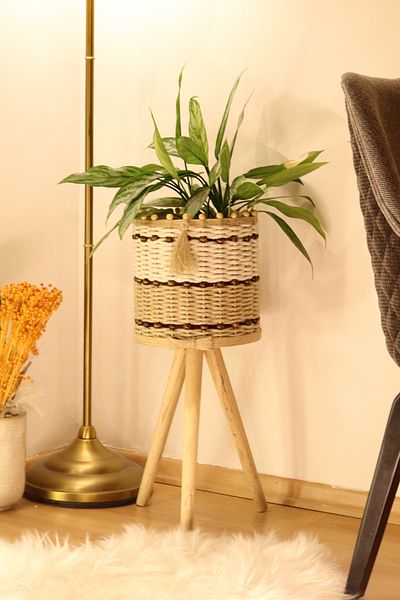 Monchi 36 cm Jute Knitted Wooden Wicker Basket - Flower Pot, Walnut Beads and Foot Size