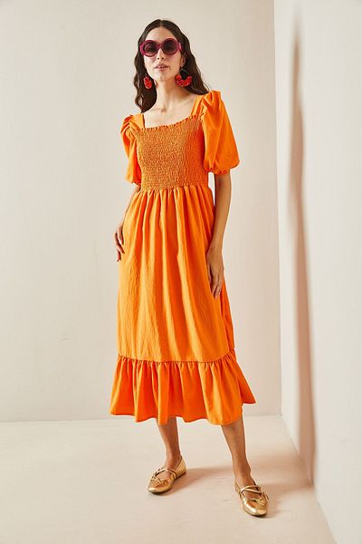 XHAN Orange Square Collar Guiped Midi Dress 5YXK6-48481-11