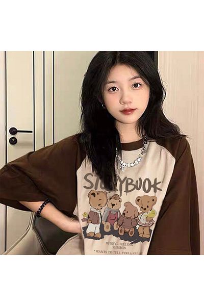 EVIus Unisex Double Color Raglan Sleeve Detailed Crew Neck Cotton Oversize Storybook Printed Boyfriend T-shirt
