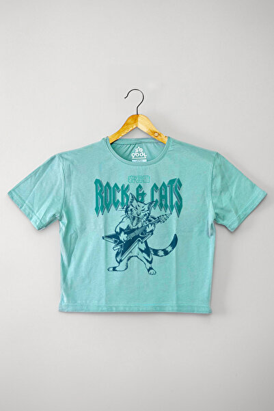 so cool Meowtallica Rock Cat Cat - Tricou crop verde menta