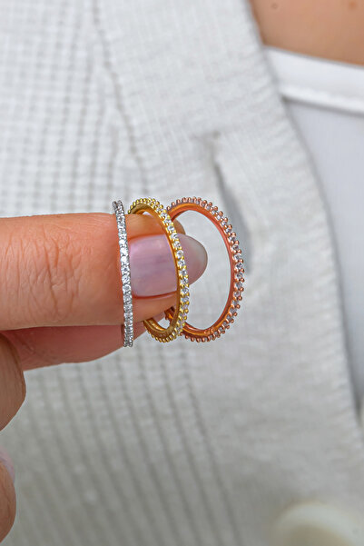 Nereze 925 Ayar Gümüş 3'Lü Üç Renk Tek Sıra Tamtur Yüzük