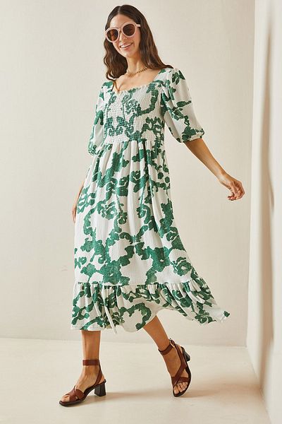 XHAN Grünes gemustertes Strickkleid mit Rüschen, Gipe-Detailrock 5YXK6-48509-08