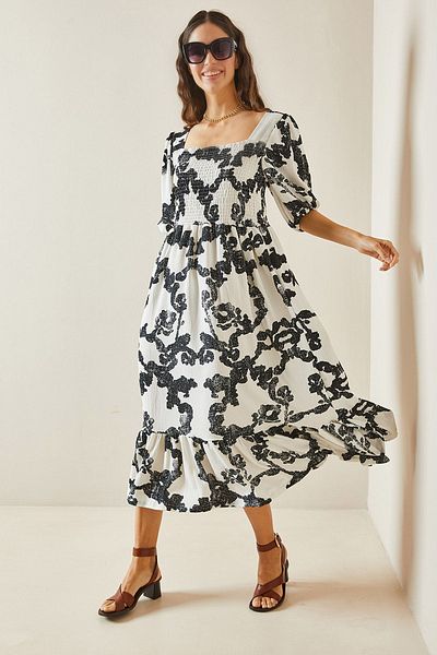 XHAN Black Patterned Gipe Detailed Skirt Frilly Knitted Dress 5YXK6-48509-02