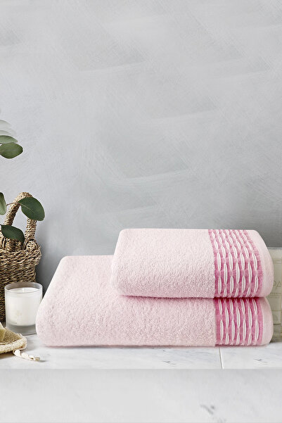 erteks TOWEL SET BATHROOM AND HAND FACE TOWEL POWDER PINK COLOR BORDURY PATTERNED 1stQUALITY COTTON
