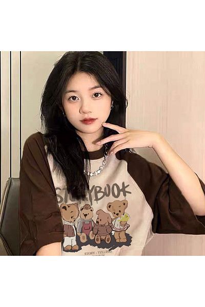 EVIus Unisex Double Color Raglan Sleeve Detailed Crew Neck Cotton Oversize Storybook Printed Boyfriend T-shirt