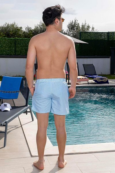 Mayom Men's Basic Thin Striped Printed Turquoise Sea Shorts with Pockets