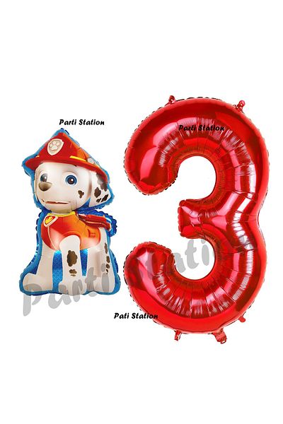 Parti Station Paw Patrol Marshall 3 Year Old Dog Fire Department and Balloon Set - Red Figure