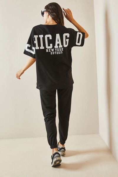 XHAN Black Back Printed Oversize Tracksuit Set 5YXK8-48487-02