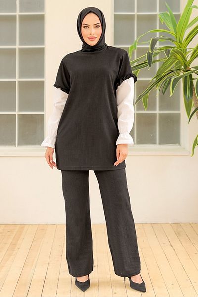Bestenur Σετ χιτώνα και παντελόνι Black Wrap Ruffle - 865