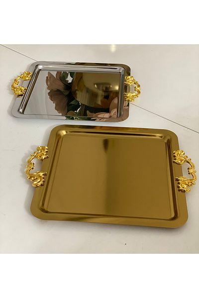 Mineli-Aşk 1 Piece Serving and Presentation Tray with Gold and Silver Square Handles