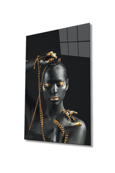Rosyvien Gray Woman Portrait Glass Painting with Gold Detail, Home Office Abstract Wall Decor, Gift, Tempered Glass