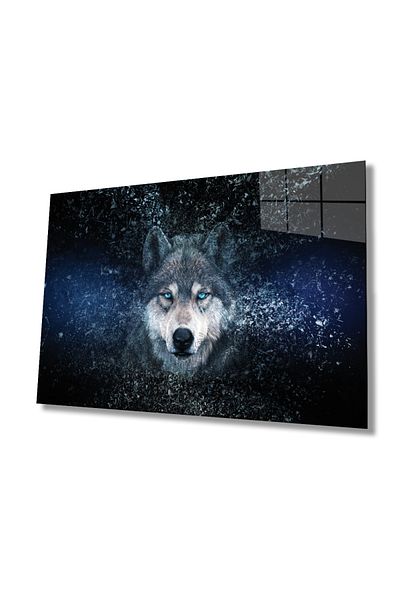 Rosyvien Tablou din sticlă cu portret de lup abstract cu ochi albaștri, decor elegant de perete pentru birou, cadou din sticlă temperată durabilă