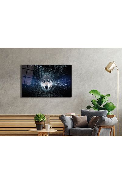 Rosyvien Tablou din sticlă cu portret de lup abstract cu ochi albaștri, decor elegant de perete pentru birou, cadou din sticlă temperată durabilă