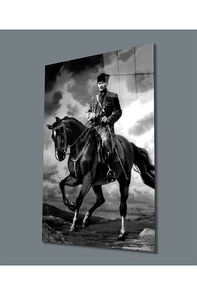 Rosyvien Mustafa Kemal Atatürk Portrait Glass Painting, Black and White on Horse, Home Office School Wall Decor