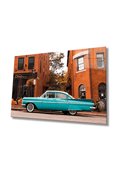 Rosyvien Plavi klasični automobil i ulična scena na staklu, dekoracija zidova...