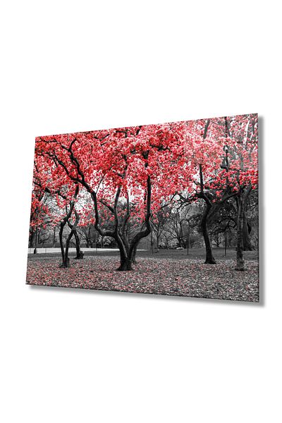Rosyvien Red Flowering Trees Glass Painting, Nature Forest, Home Office Kitchen Wall Decor, Gift, Tempered Glass