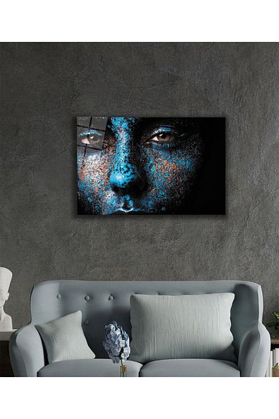 Rosyvien Tablou din sticlă portret de femeie pictat în albastru, detaliu cu gene, decor de perete cadou pentru birou, sticlă temperată