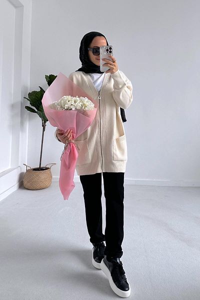 Ka Hijab Beige Color Zippered Knitwear Hijab Cardigan with Pockets