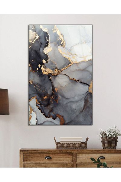 Rosyvien Gray Gold Marble Pattern Glass Painting, Abstract Stone Depth, Home Office Wall Decor, Gift, Tempered Glass
