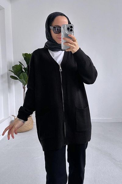 Ka Hijab Zippered Knitwear Hijab Cardigan with Pockets - Black