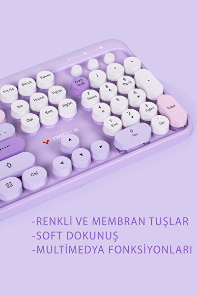 TWOTECH Renkli Tuşlu Kablosuz Mor Q Türkçe Klavye+Mouse Seti Uyumlu