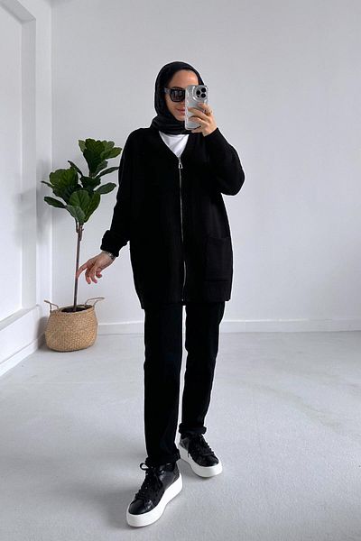 Ka Hijab Zippered Knitwear Hijab Cardigan with Pockets - Black