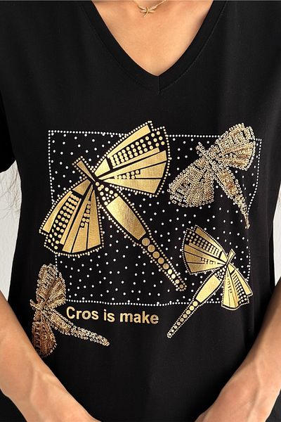 FEMELLE Tricou de damă, negru, cu decolteu în V, cu paiete fluture, brodat cu paiete, 100% bumbac