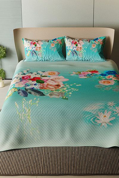 MonoHome Pike Set Cotton Double Jacquard Woven Bedspread Floral Turquoise