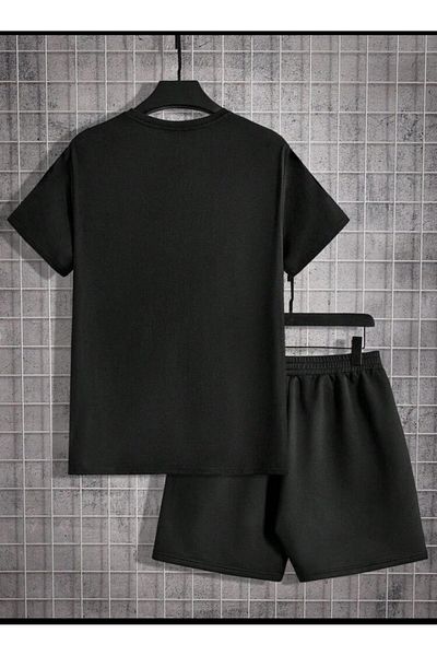 SELENA BUTİK Unisex L.A Μαύρο T-Shirt Μαύρο σορτς κάτω μπλουζάκι
