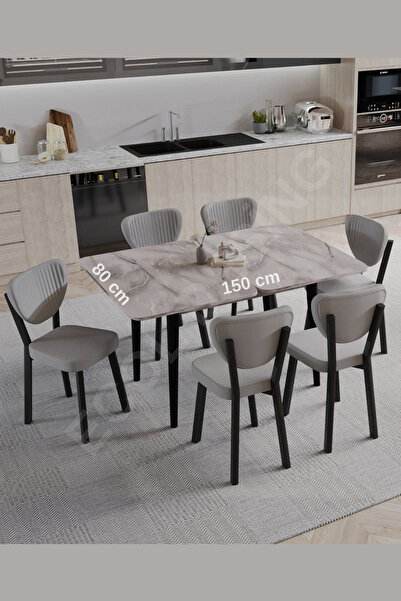 FAYMEND 6lı, Açılır, Döner, Mutfak Masası Takımı, Yemek Masası, Kapalı Ölçü: 75x80 cm - Açık Ölçü: 80x150 cm