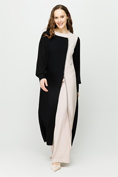 Esswaap Kolu Piliseli Önden Yırtmaçlı Şerit Taş Detaylı Pantolonlu Takım Taş