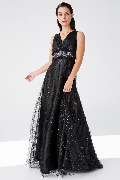 Esswaap Black SequIn Lace - Stone EmbroIdered Flared SkIrt EvenIng Dress