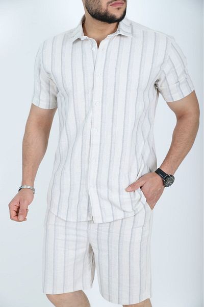 FREZZBİ Linen Cotton Blend Striped Short Sleeve Shirt-L - Gray