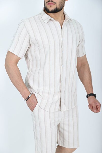 FREZZBİ Keten Pamuk Karışımlı Çizgili Kısa Kollu Gömlek-XL - Bej