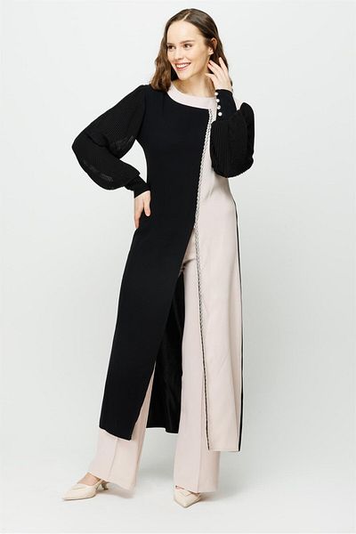 Esswaap Handle Pleated Front Slit Stripe Stone Detailed Trousers Set Stone