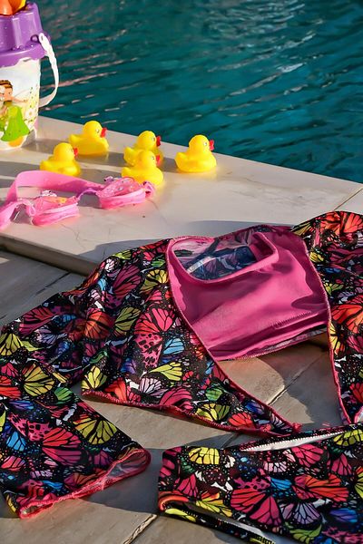 Mayom Girl's Butterfly Patterned Pareo Bikini Set 3 Pieces Set