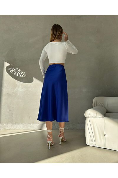 Julishop Fustă midi din satin de bumbac premium albastru bleumarin pentru femei Julidress, cu talie elastică