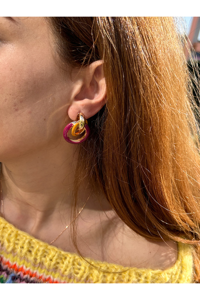 ByMerve Bym127 Evening Dress Design Hoop Gold Layer Claret Red 3.5 Cm Women's Steel Earrings