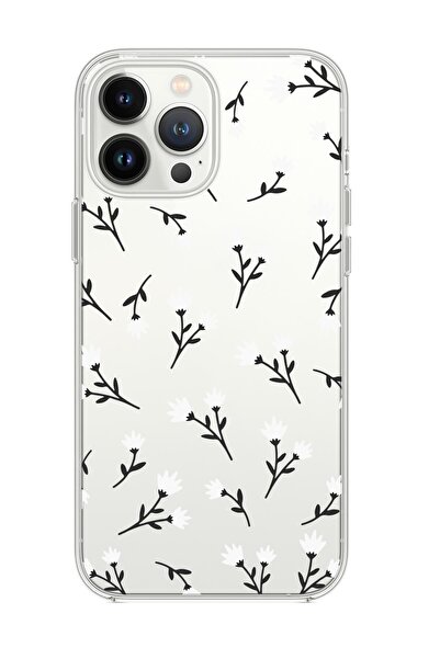 mooodcase iPhone 14 Pro Max Uyumlu Beyaz Çiçekler Desenli Premium Şeffaf Silikon Kılıf