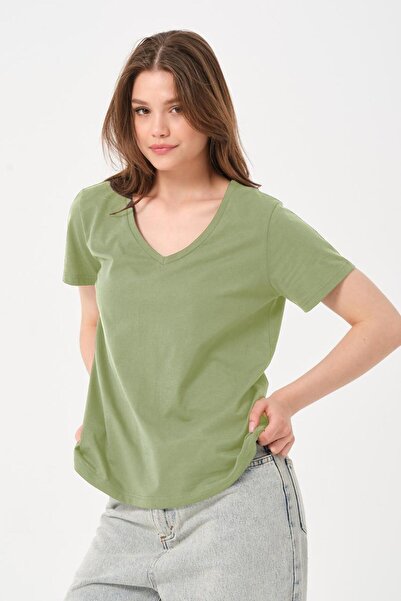 Owut Collection Tricou de damă kaki cu decolteu în V