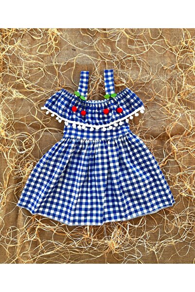 FK HERA STORE Kız Bebek Kareli Kiraz Detaylı Lüx Elbise Kol Üstü Detaylı