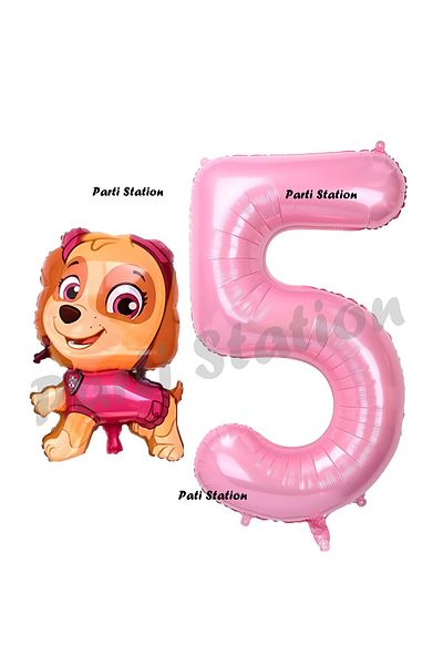 Parti Station Paw Patrol Skye 5 Years Old Balloon and Pink Numeral Balloon Birthday Party Set