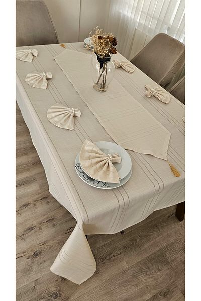 ZESA HOME Покривка за маса Colber Striped Detailed Cappuccino 12 души 26 части - Маса 160X220...160X400