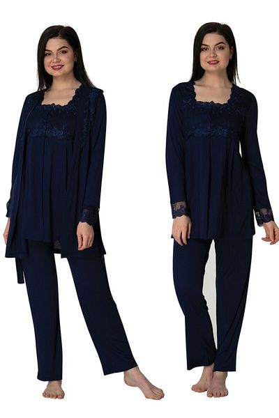 LOHOUSE Navy Blue Lace Detailed Maternity and Maternity Pajamas and Dressing Gown Set - Set of 3