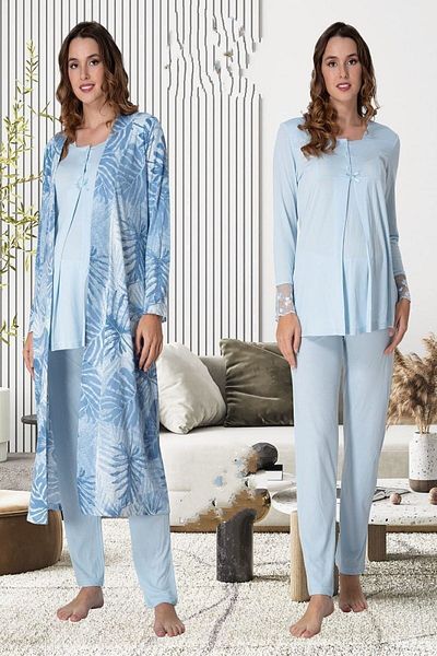LOHOUSE Set de pijamale și rochii de maternitate și maternitate din bumbac cu model albastru - Set cămașă de noapte cu mâneci lungi