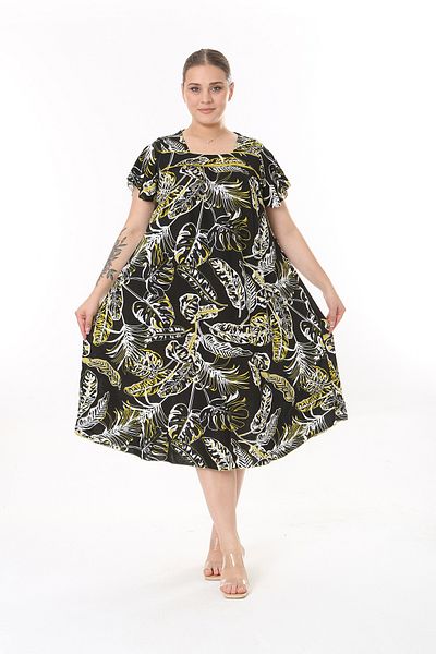 XL Modam WOMEN'S LARGE SIZE BLACK LEAF PATTERNED LYCRAL DRESS