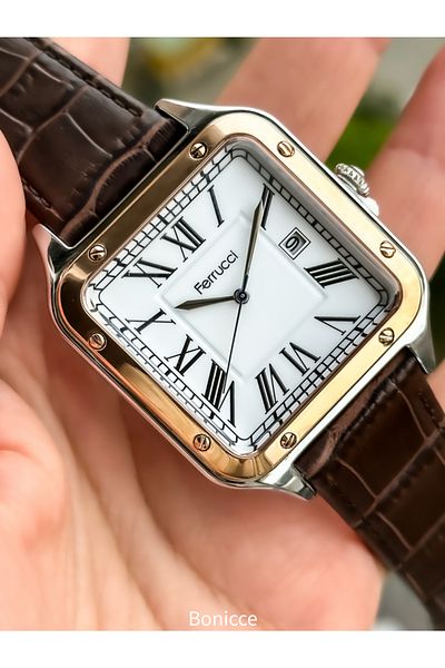 Ferrucci Brown Leather Cord, Rose Square Case, with Calendar, Roman Numeral Dial Men's Wristwatch with Bracelet Gift