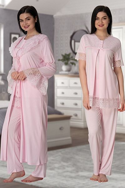 LOHOUSE Powder Colored Women's Long Pajamas and Laced Sleeves Maternity Dressing Gown Set